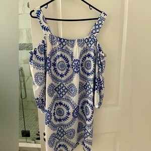 Trina Turk blue and white embroidered cold shoulder dress.  Worn once.